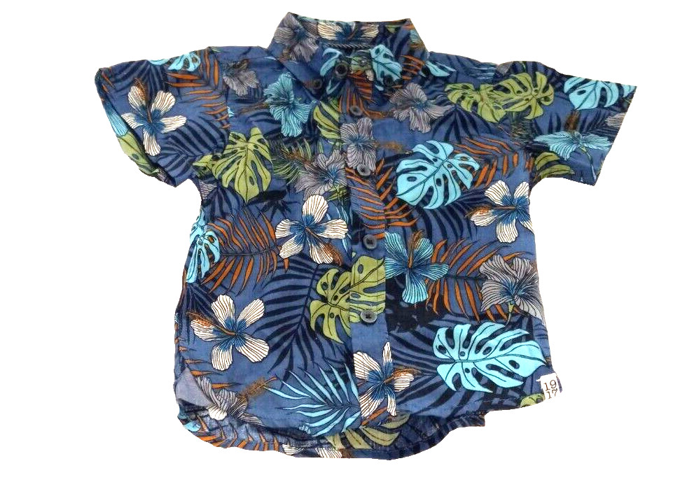 Boy’s NEW 12 Month Shirt Blue Tropical Hawaiian Print Short Sleeve Button Up