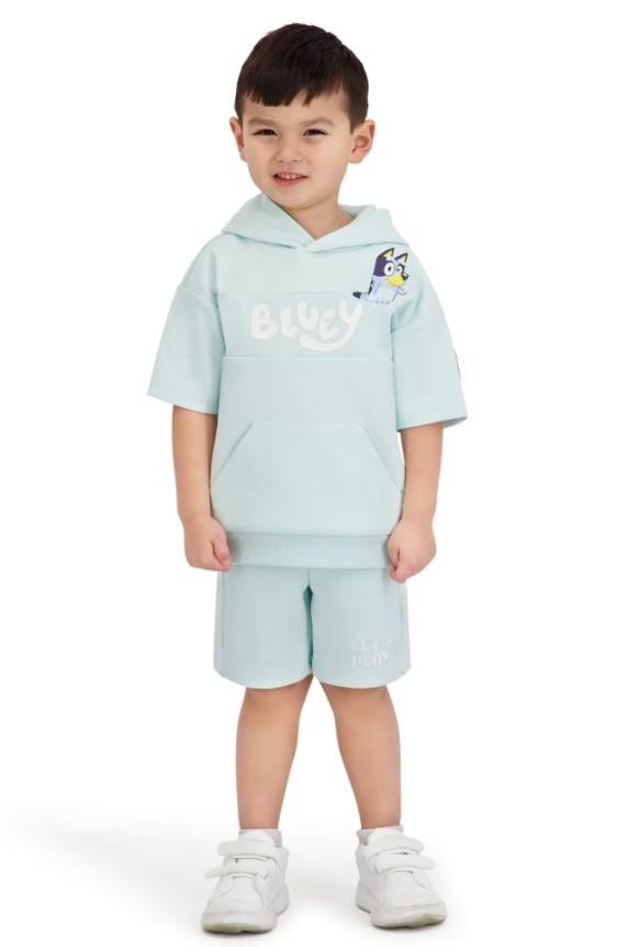 NEW NWT Boys Sz 3 Toddler Textured Light Blue Shorts & Hooded Shirt BLUEY Outfit