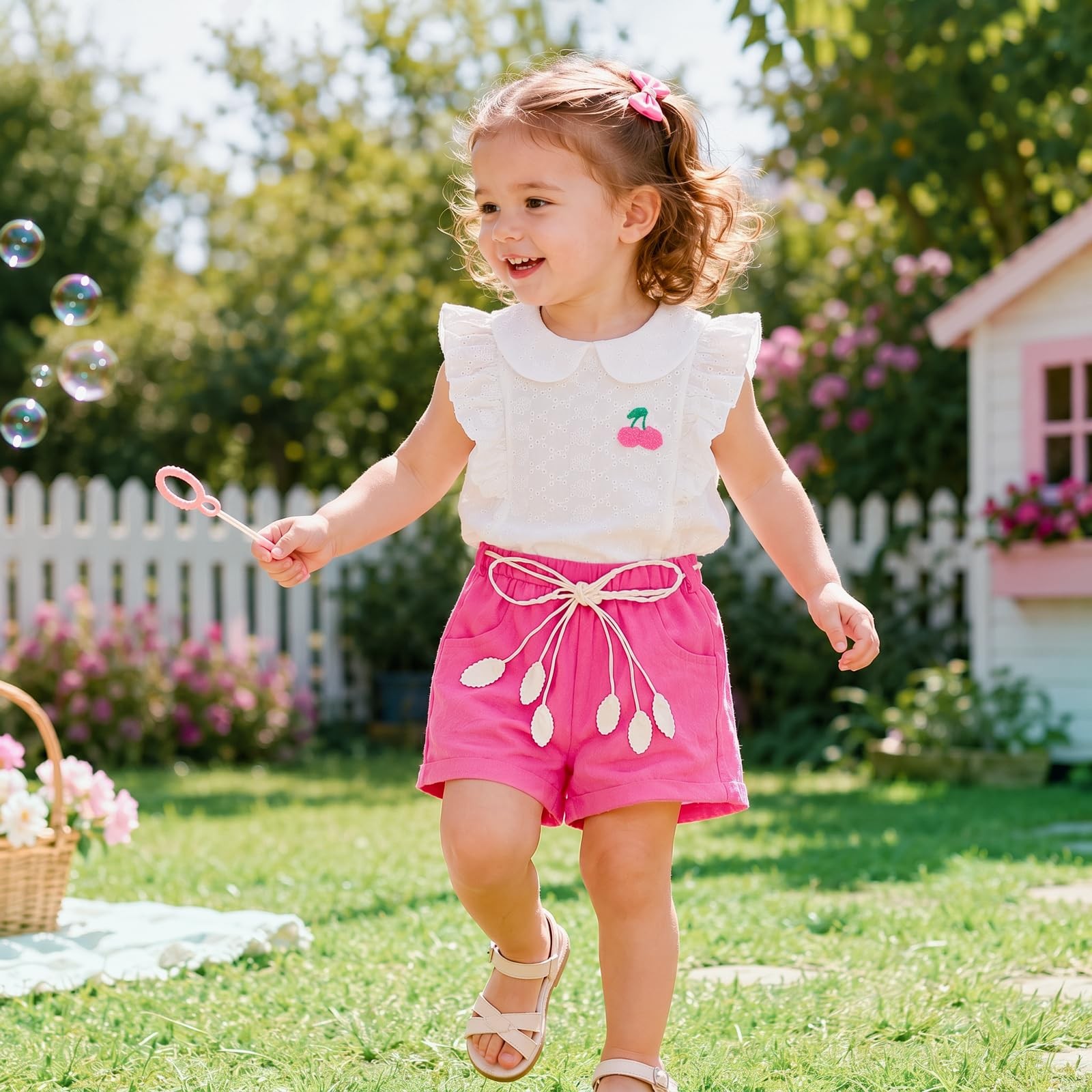 Toddler Baby Girl Summer Clothes Ruffle Sleeve Cartoon T Shirt Cotton Linen S…