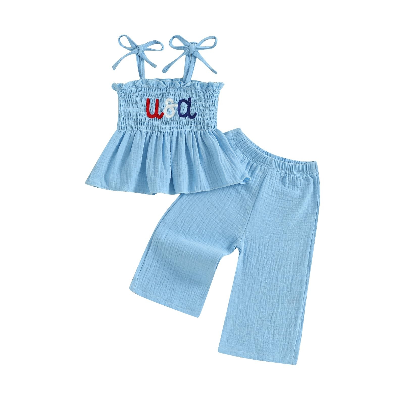 4th of July Outfit Baby Girl Smocked Tank Top+Wide Leg Pants Set Kids Toddler…