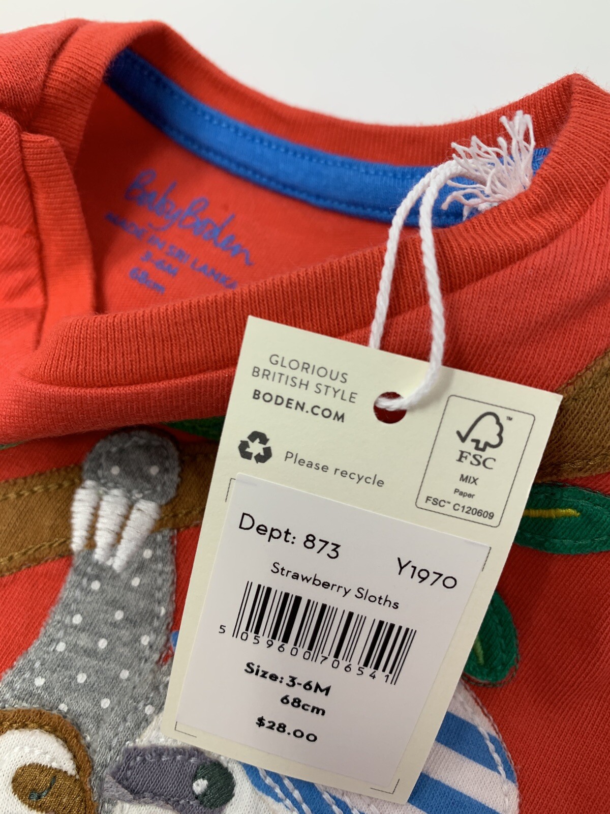NWT Baby Boden Boys 3-6 Months Red Sloth Appliqué Shirt and Blue Jungle Shorts