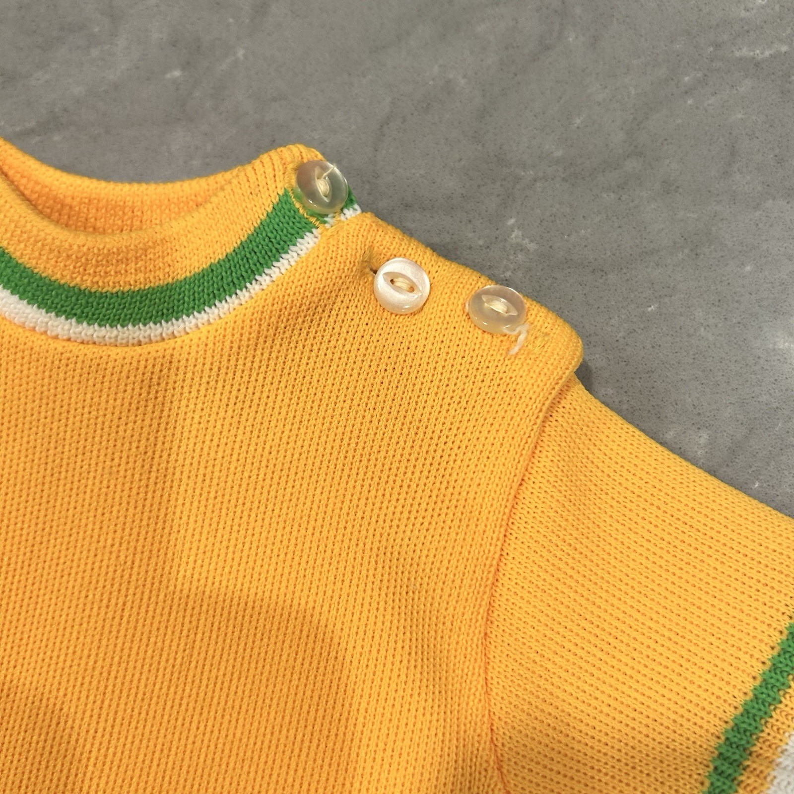 Vtg Confetti Knits Baby Train Sweater Japan 0-6 mths Short Sleeve Buttons Yellow