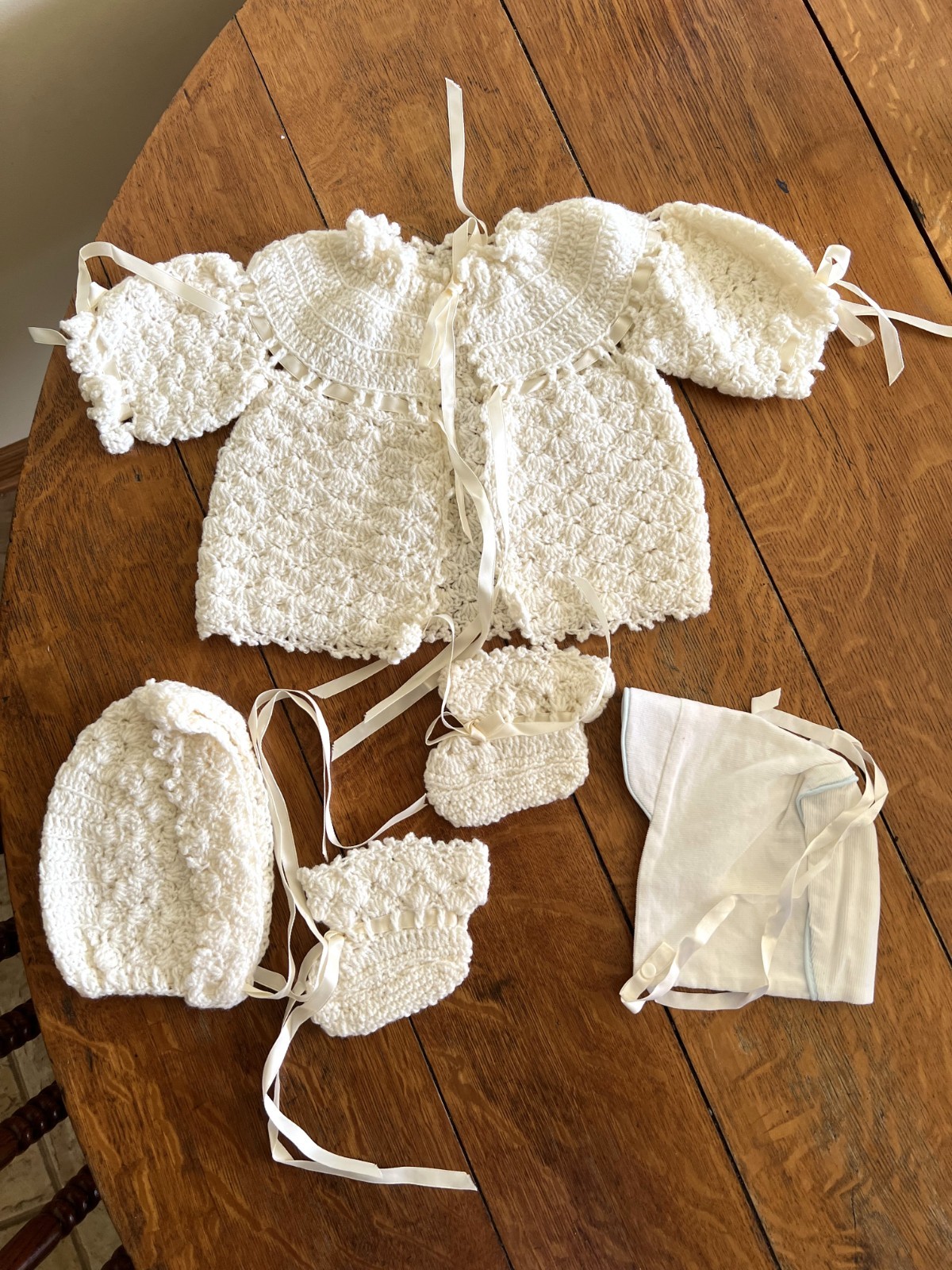 Hand Knit Crochet Baby Sweater Bonnet Hat Booties Off White + Extra Hat