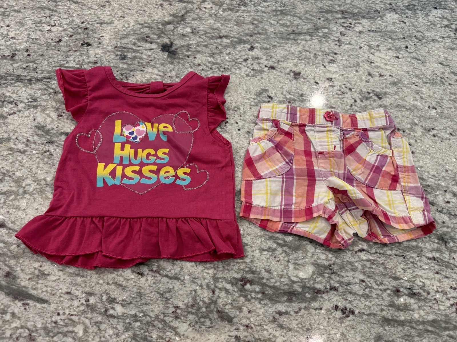 Real Love & Jumping Beans 18 Months Love Hugs Kisses Pink Shirt & Plaid Shorts