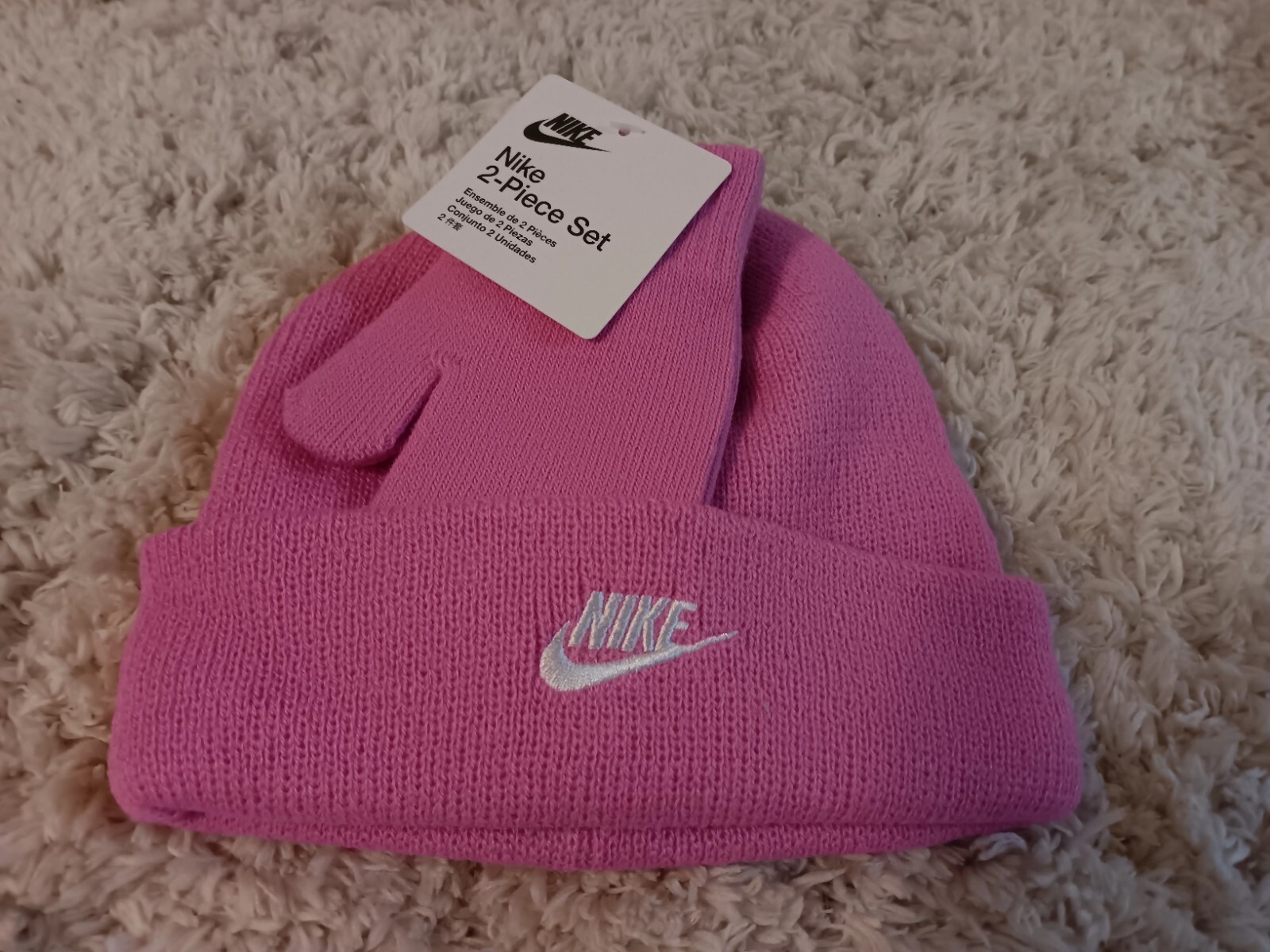 New Toddler Kids Size 2T-4T Nike Logo Cuff Beanie/Gloves Pink Color Set.