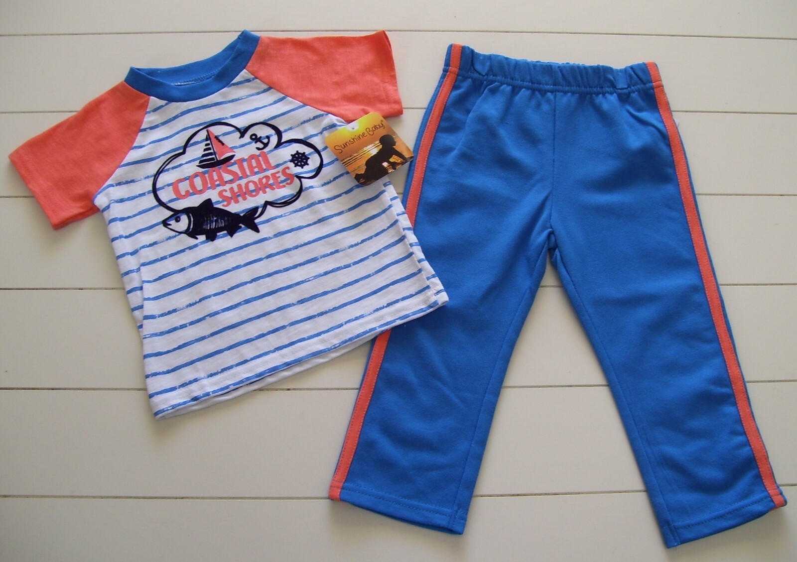 Boys Sunshine Baby 2 Pc Coastal Shores Fish Nautical Shirt & Pants Outfit Sz 18M