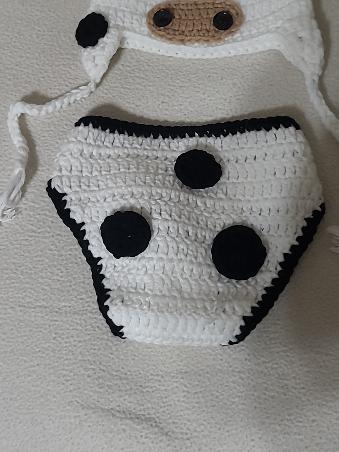 Crochet Baby Cow Outfit Hat Diaper Cover Newborn Black- Brown & White