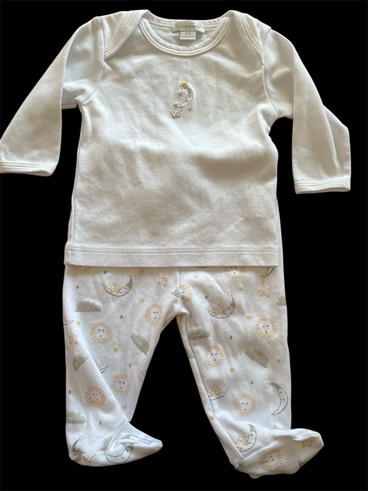 Kissy Kissy White/Silver/Gold Moon/Stars Pima Cotton Top & Footie Pants-3-6Mos