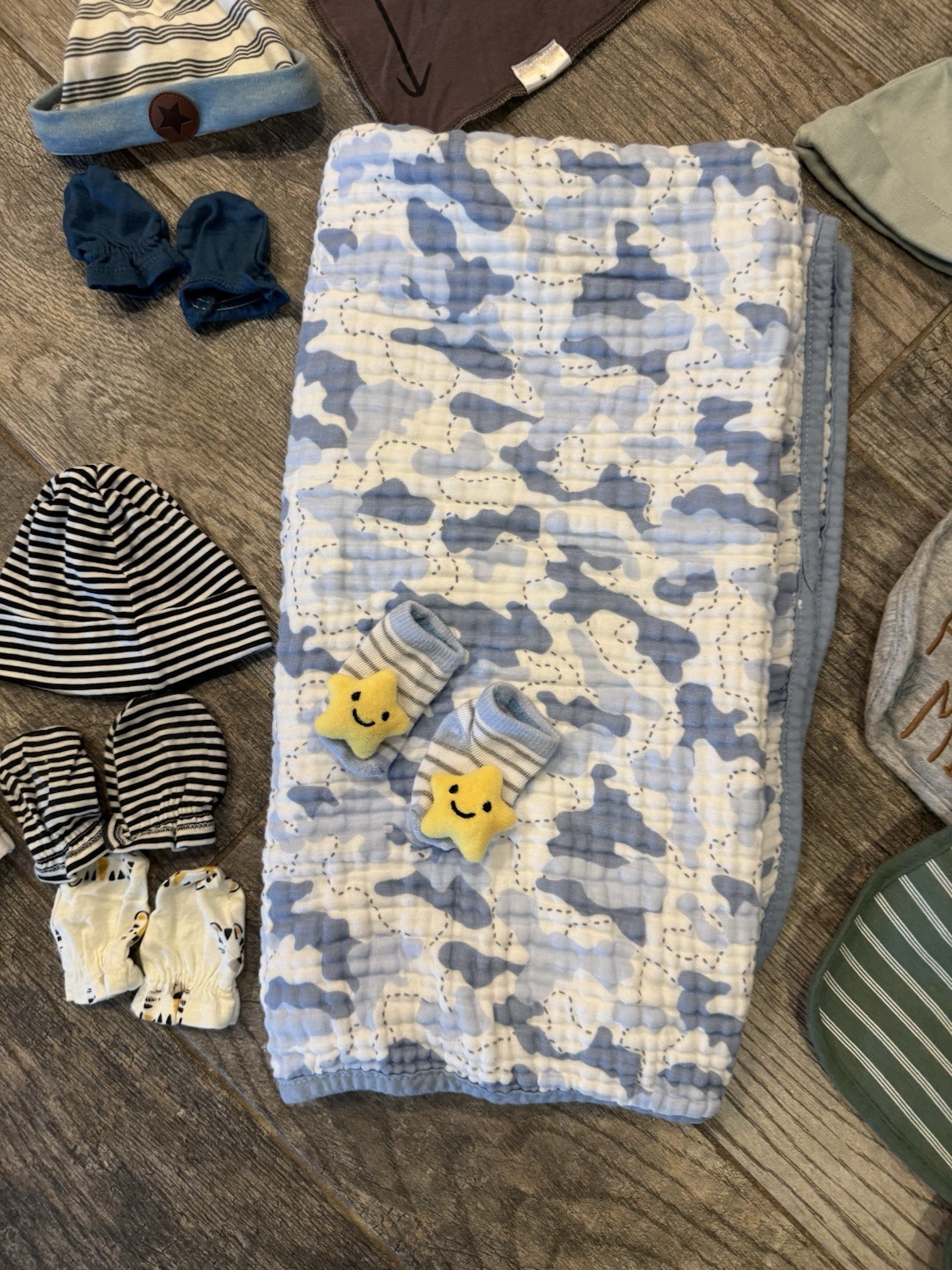Newborn Baby Boy, A Lot Of Weight, With Blue Camo Blanket And Accessories