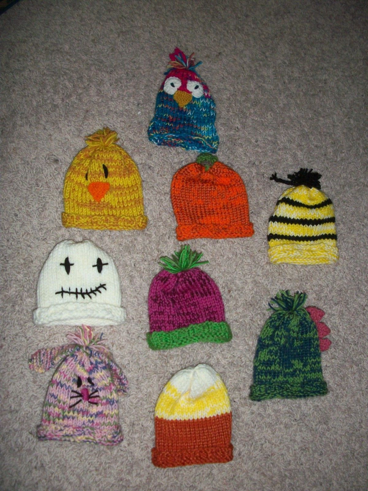 BABY GIRLS LOT OF 9 HAND KNIT SILLY HATS SIZE NB-18 MO NEW !!!!