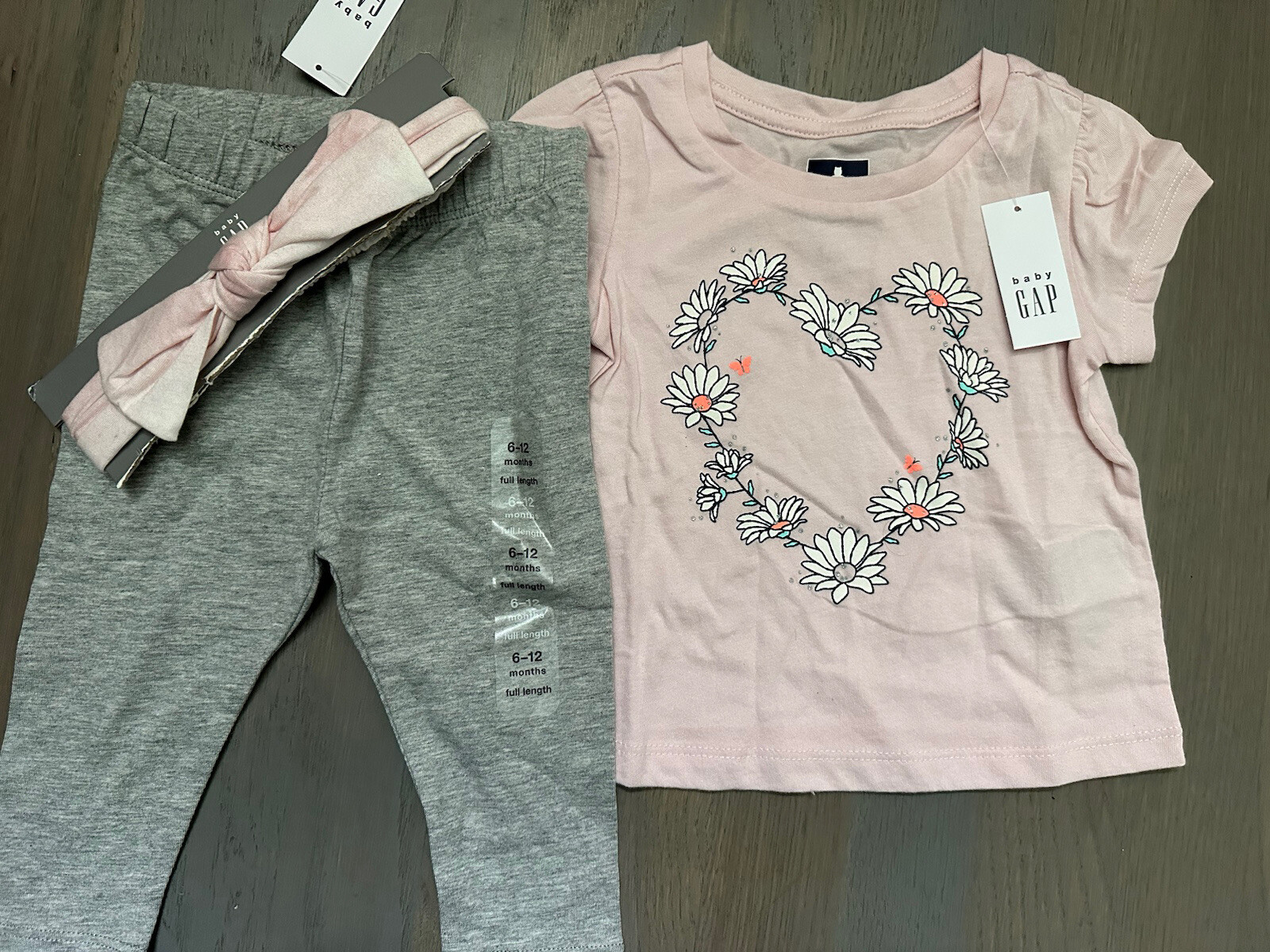 NWT Baby Gap girl 3-piece SPRING SUMMER gray pink floral heart SET 6 9 12 TWINS