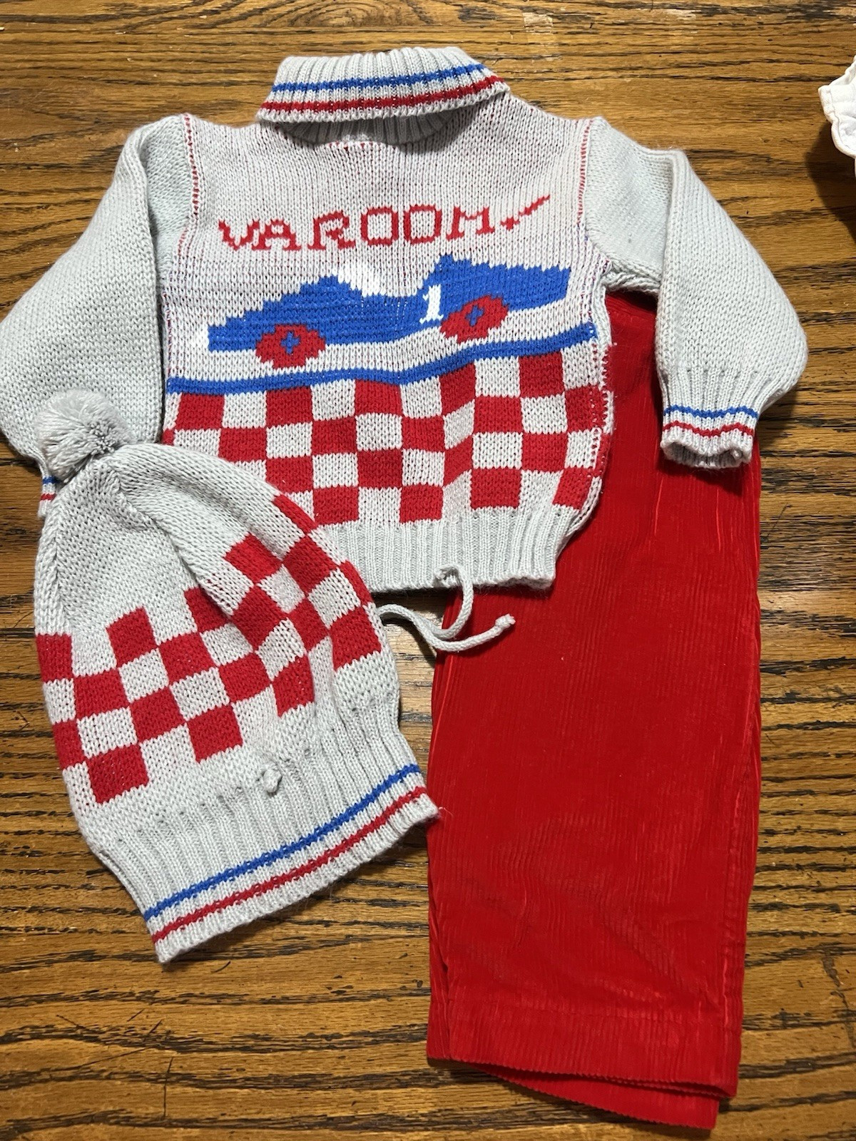 Vintage Soft Spun 3pc Baby Outfit Set 6-12M Knit Sweater Pants Hat Checkered Car