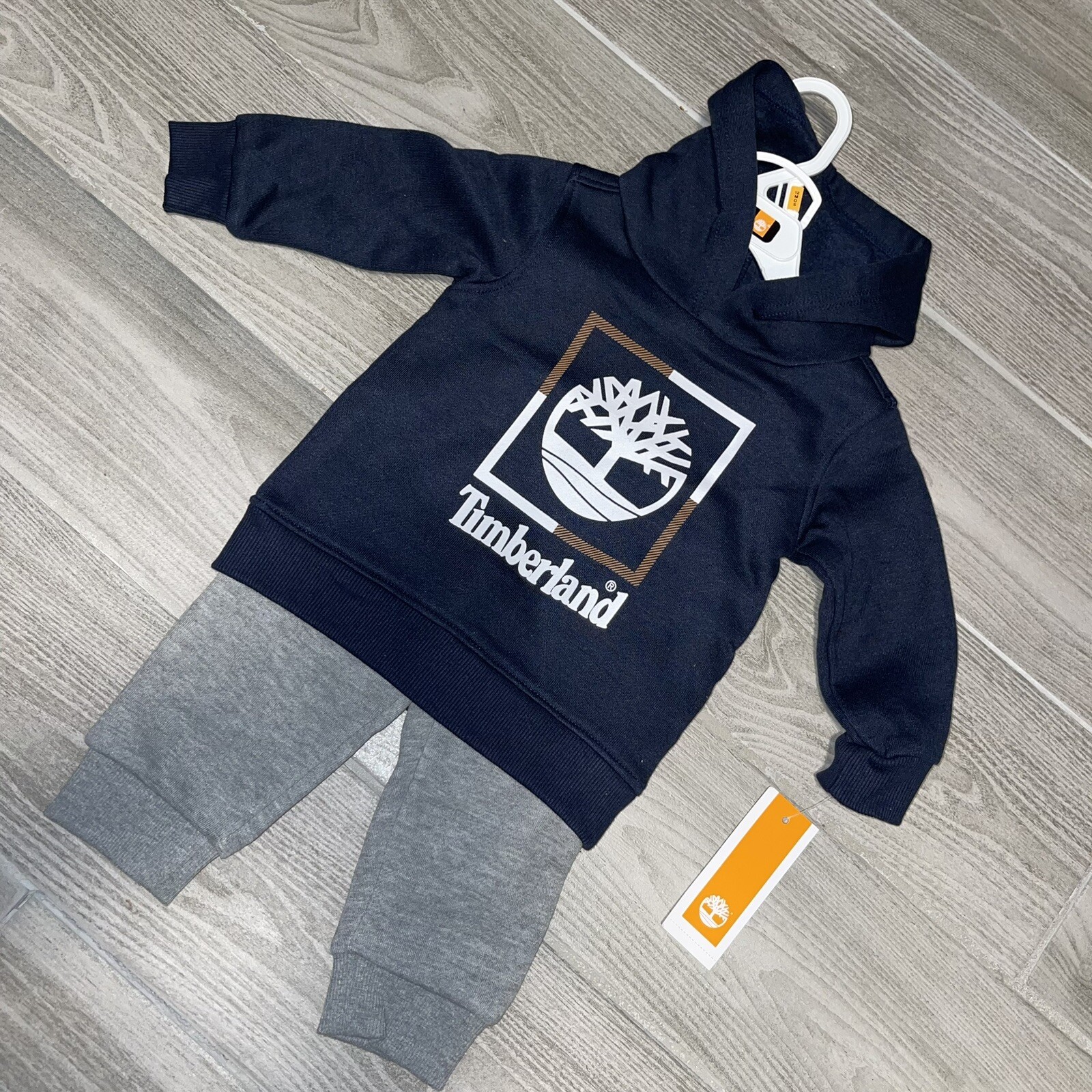12 Months Timberland 2 Piece Set With Black Hoodie And Brown Sweat Pants