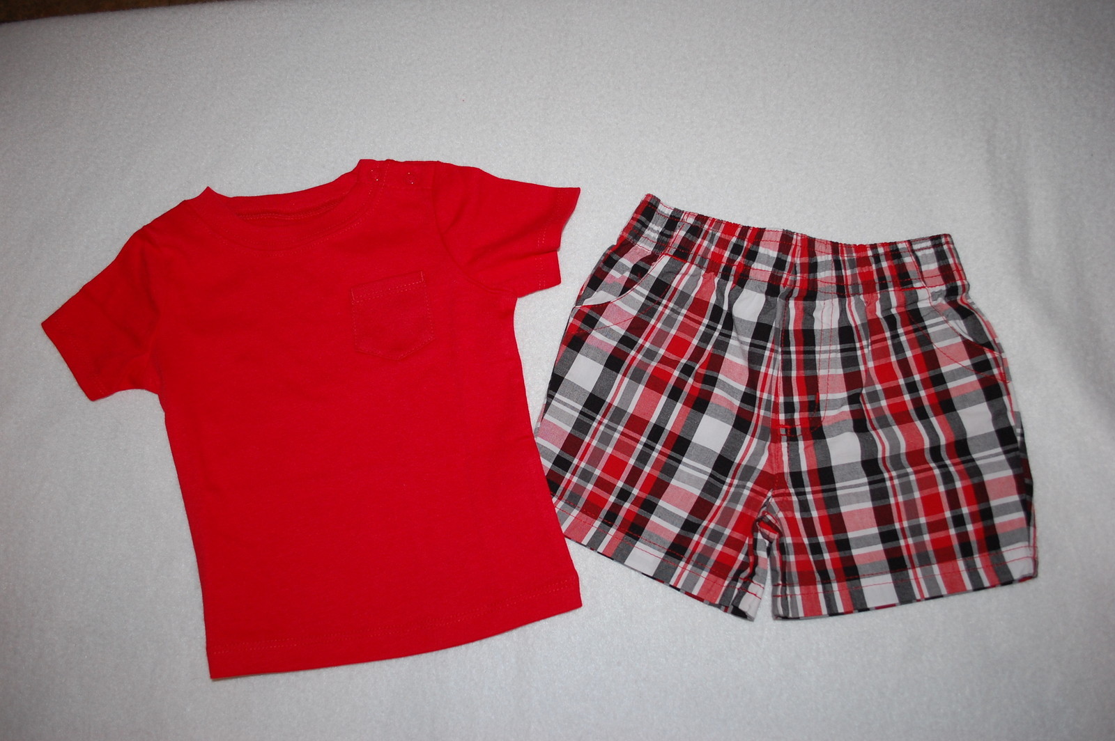 Baby Boys Outfit RED TEE SHIRT Woven Shorts BLACK WHITE RED PLAID Size 6-9 MO