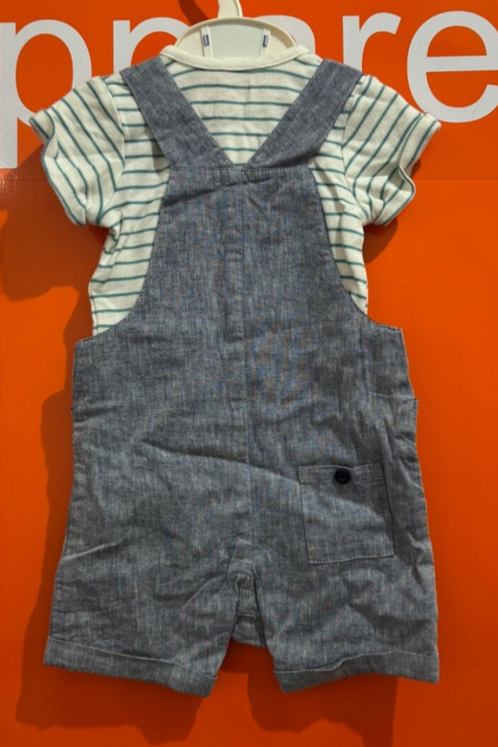 🔥M&S 2PC Whale / Stripe Dungaree Set, Unisex, NEW, Age 6-9 Months, Sf