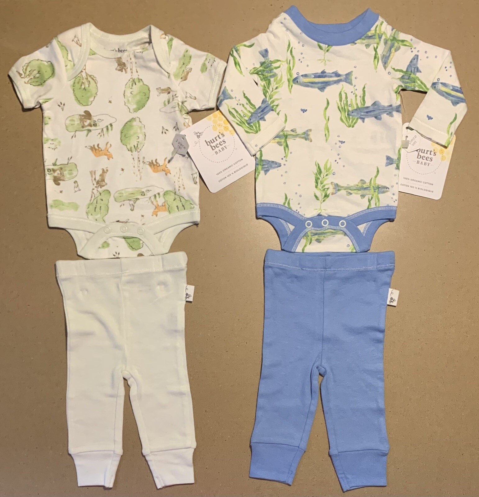 Lot of 2 Burt’s Bees Baby Bodysuit & Pants Set Preemie Organic Cotton Animal Sea