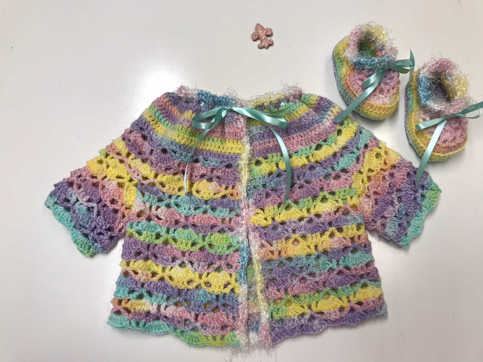 Baby Booties & Jacket Crochet Handmade Newborn Gift 3-9 Month Multi Pastels