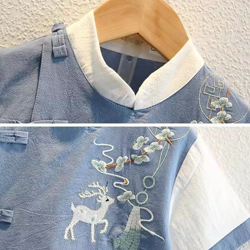 Kids Boys Girls Chinese Tang Suit Embroidery Hanfu Clothes Cotton Shorts T-shirt