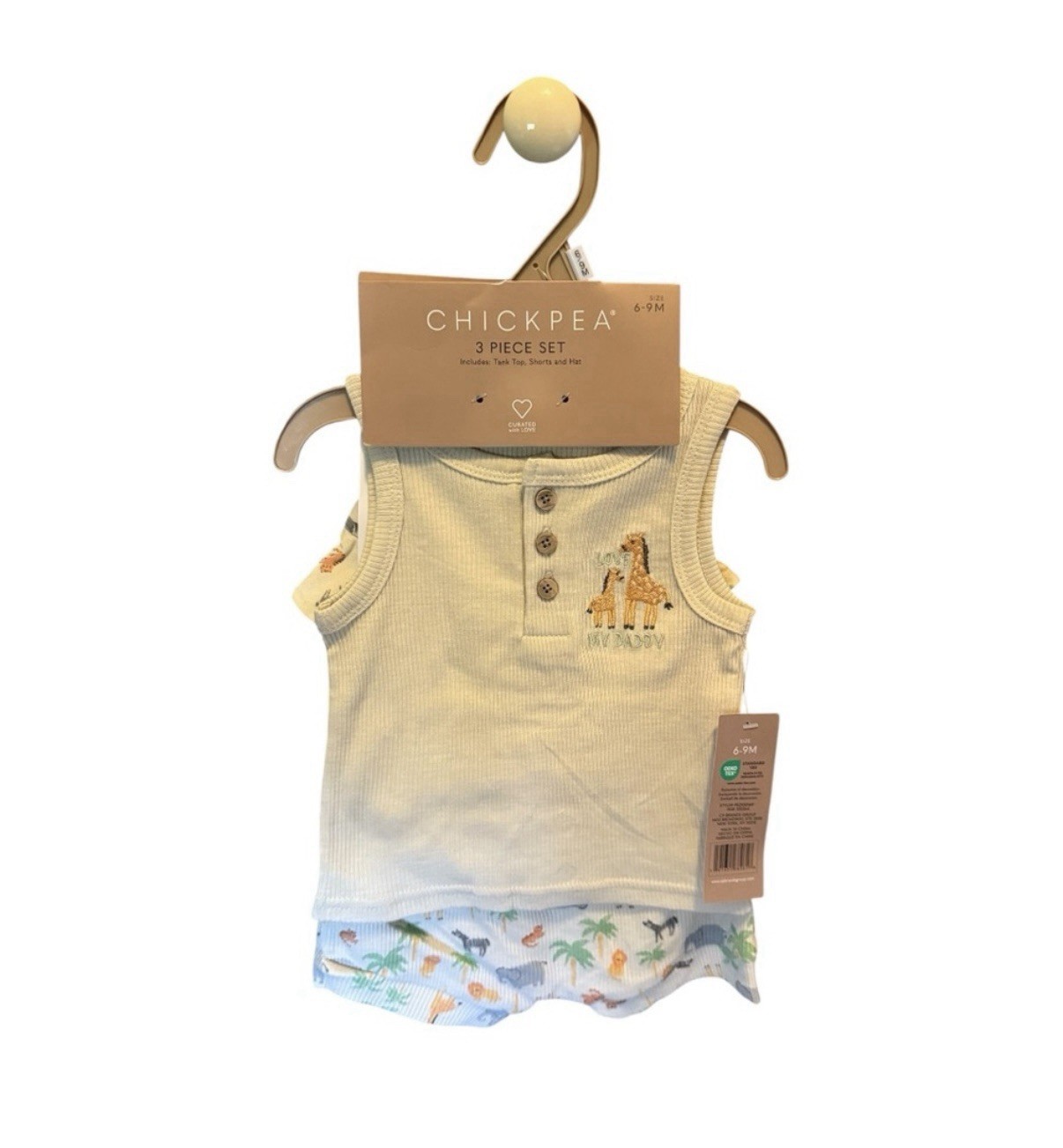 NWT Chick Pea Baby 3-Piece Outfit Set Tank Top Shorts Hat Safari Animals 6-9M