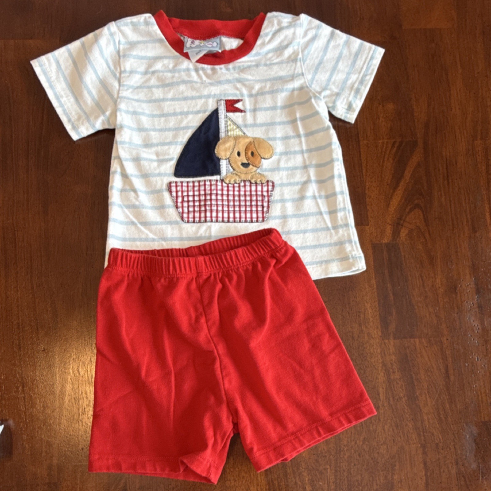 2 Piece Dog Sailboat Shorts Set 18M Red Blue Striped Cotton Blend Embroidered