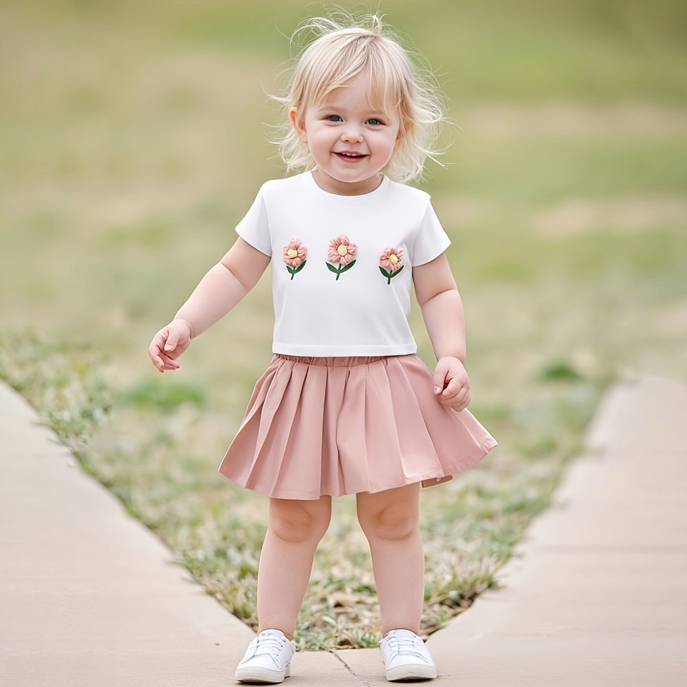 2PCS Baby Girls Dress Short Sleeve T-shirt+Pleated Skirt Set Kids Summer Outfits