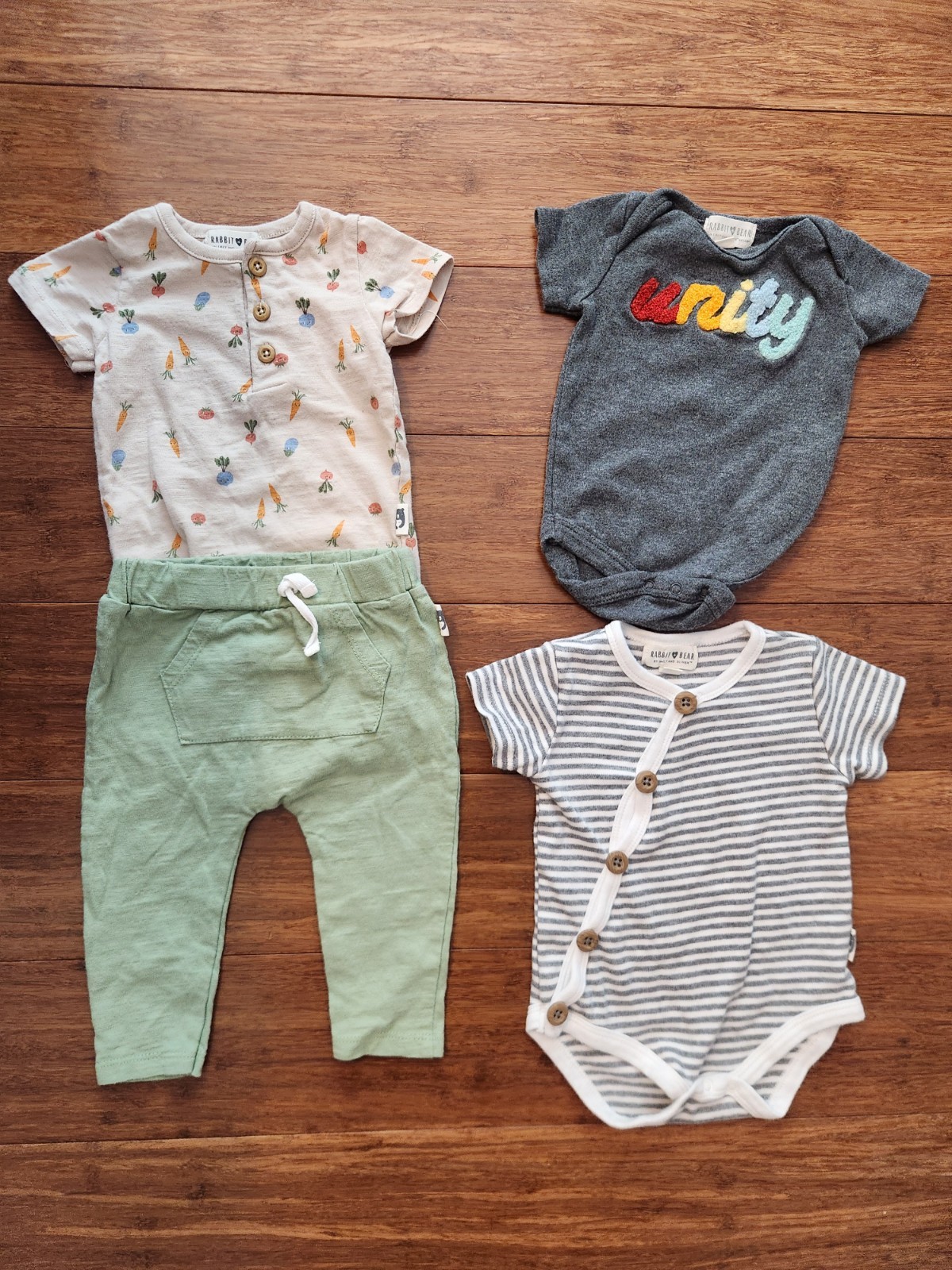 Rabbit + Bear Kids Matching Short Sleeve Sets- 3 Bodysuits And Pants, 3-6 Months