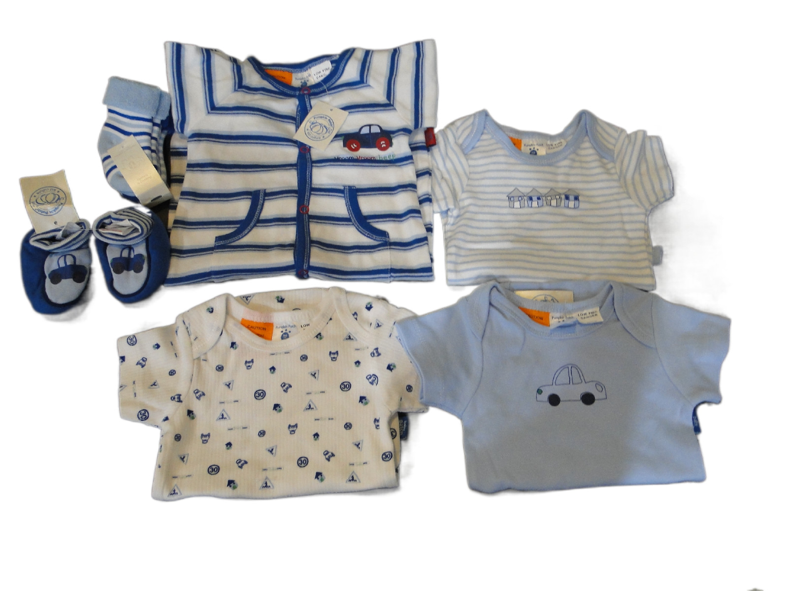 NEW PUMPKIN PATCH BABY BOY’S SIZE 3-6 M 7 PCS LOT, ROMPER, BOOTIES & SOCKS