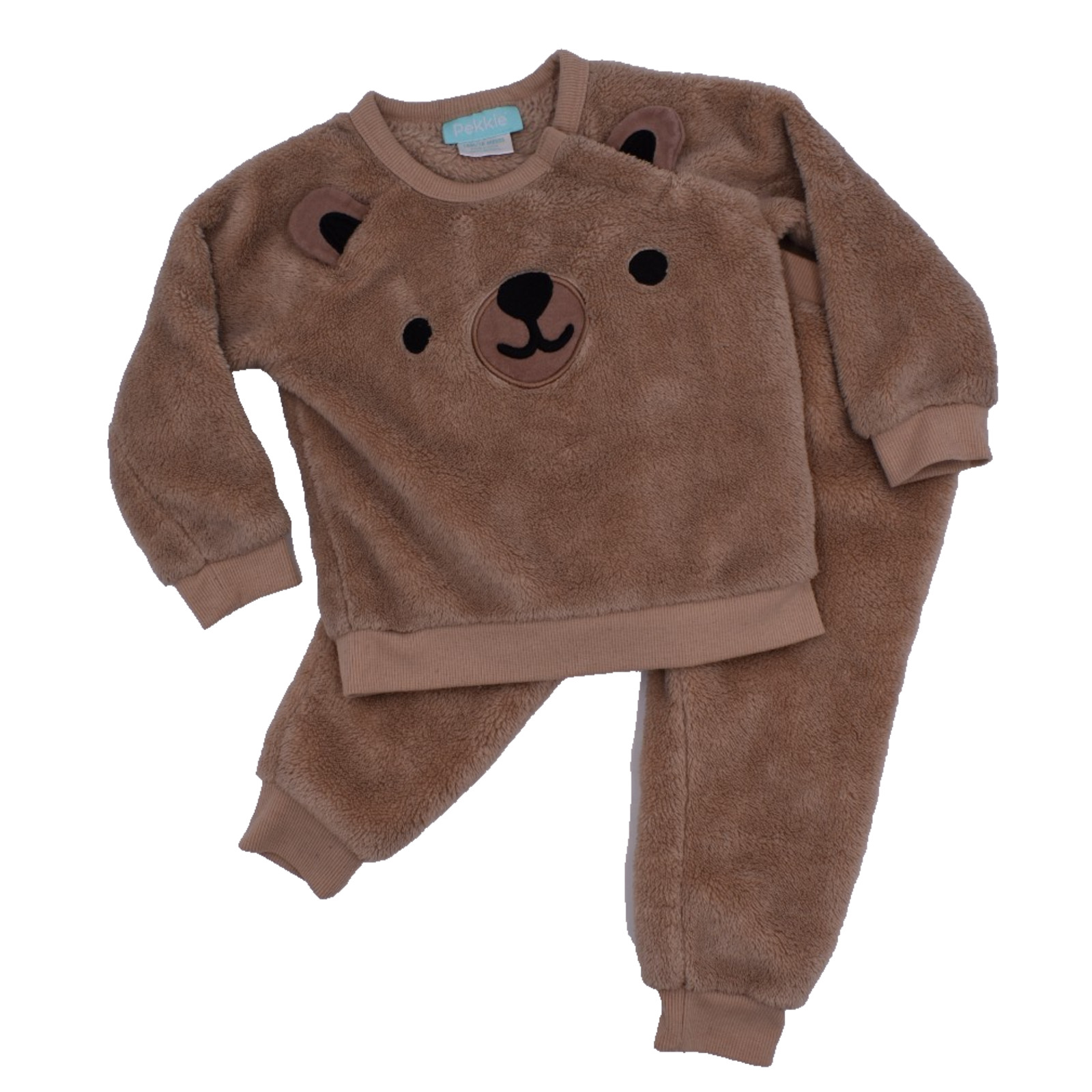 PEKKLE Happy Bear 2PC Plush Sherpa Jogger Lounge Set Tan Cozy Outfit Costume 18M