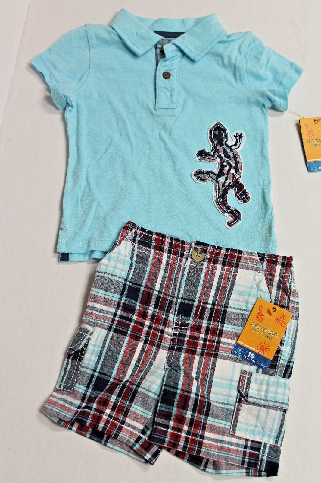 Sonoma Infant Baby Boy 18 Months Aqua Shirt w/ Lizard & Plaid Shorts Outfit NEW