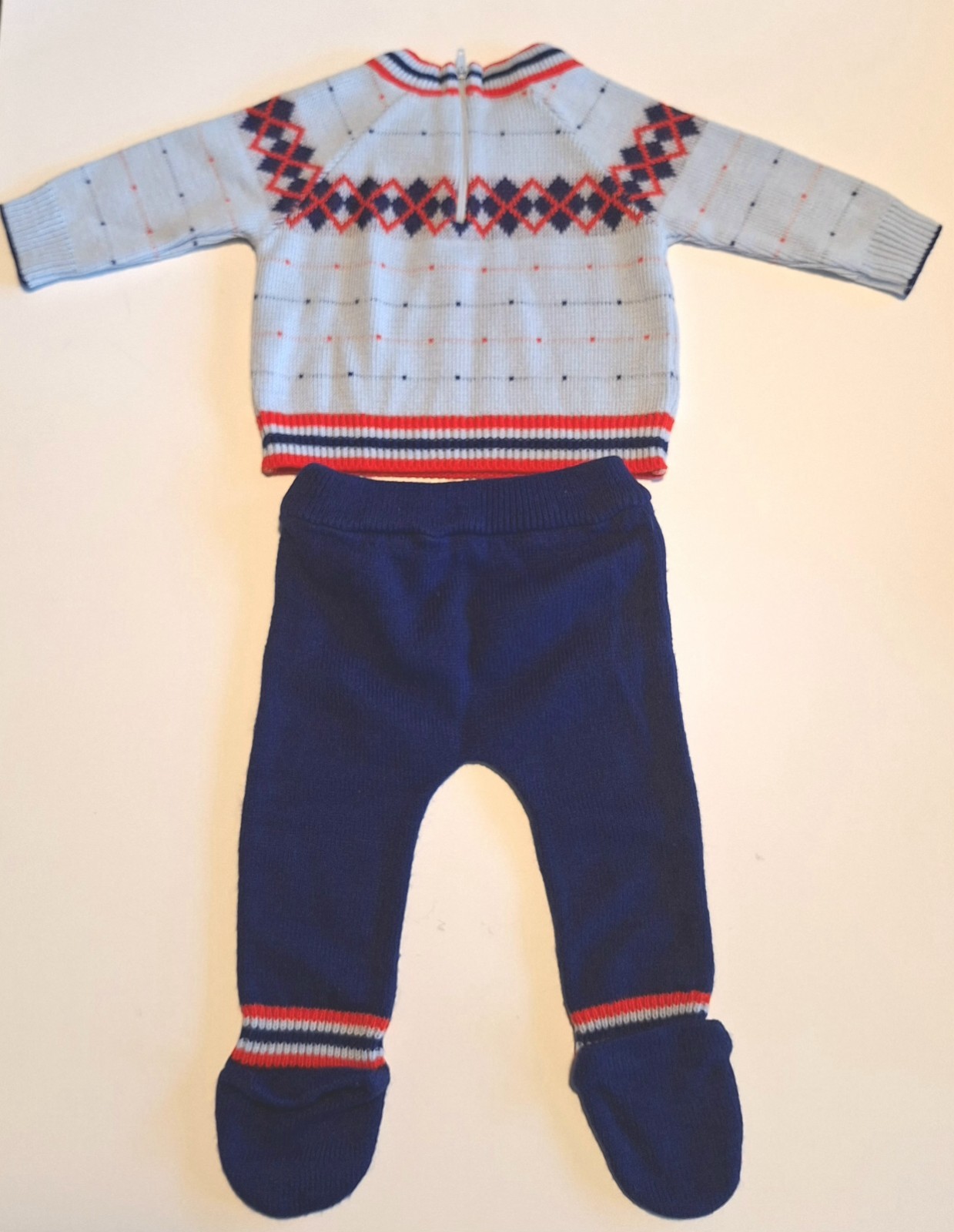 VTG Baby Boy 2pc Knit Outfit Sz 3 Months Built in Booties Blue/Red Acrylic
