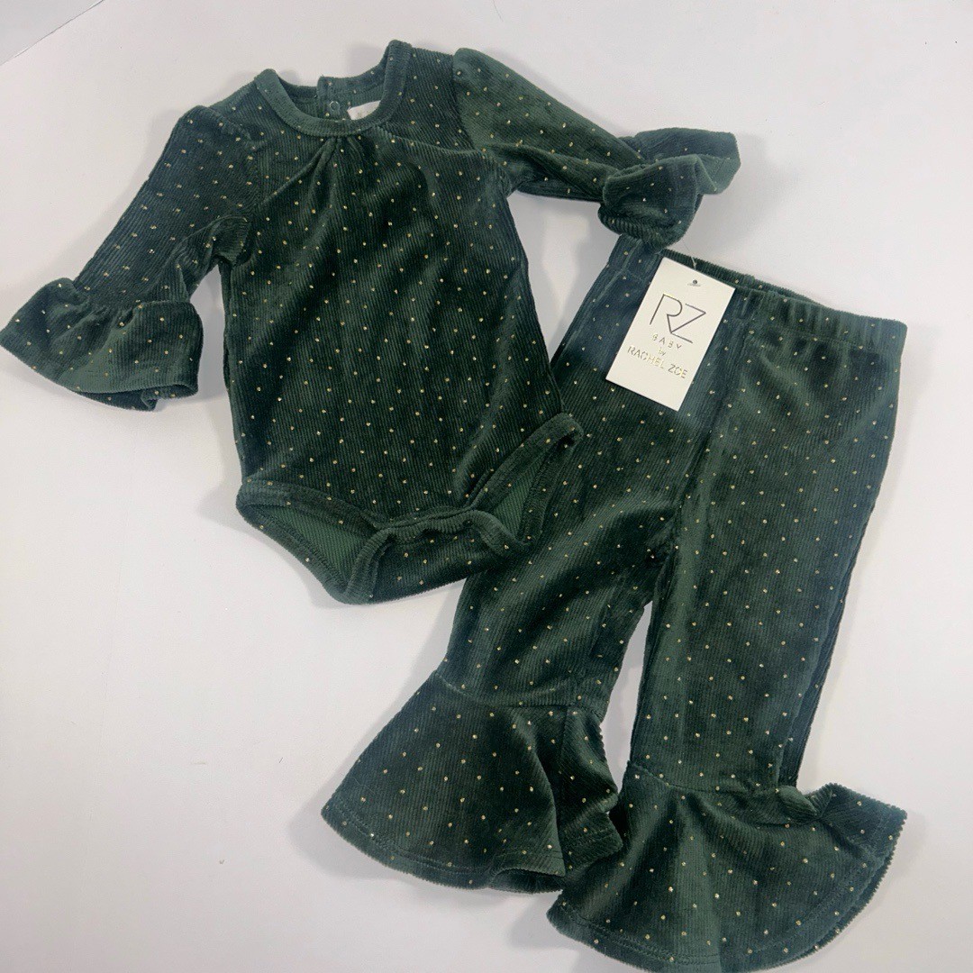 NWT RZ Baby Girls Outfit Set 12M Dark Green Polka Dot Ruffled Corduroy