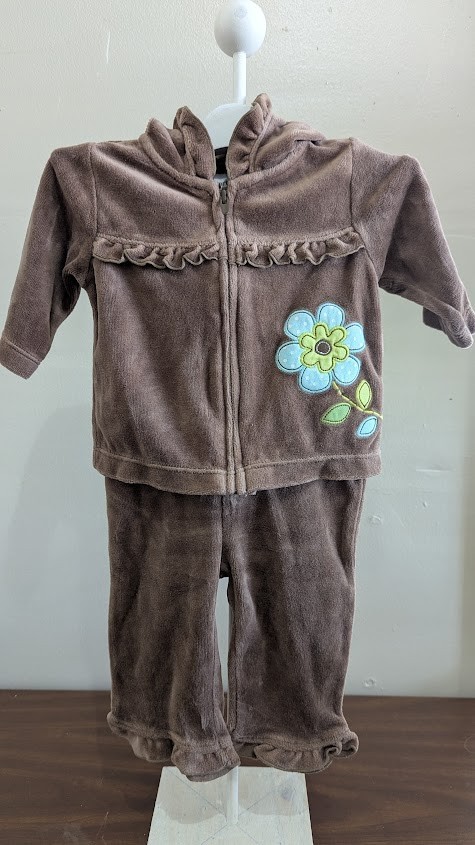 Carter’s 3month Brown Velour Girls 2 piece set jacket hood LS pants flower