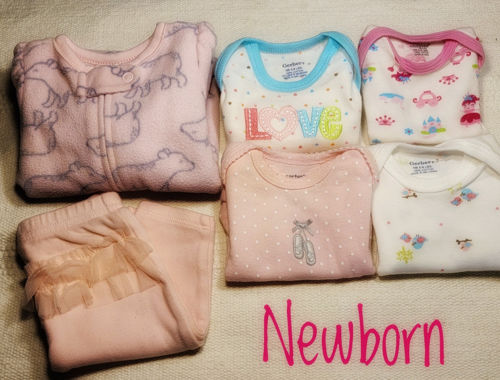 Baby girl newborn New + gently used Fleece footed pj’s bottoms Onesies 6 Pcs
