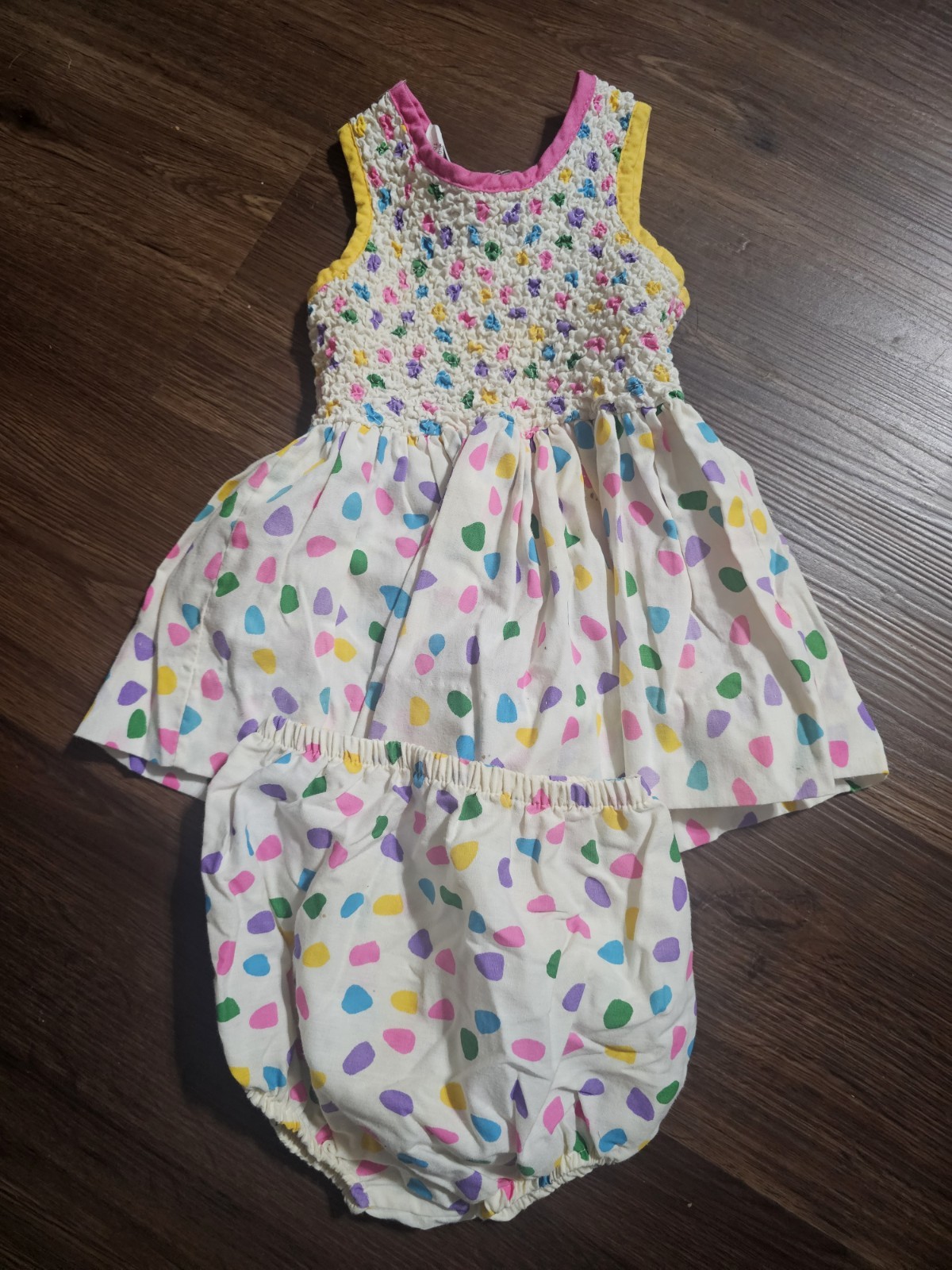 Gunne Sax 2-Piece Girls Dress & Bloomers Set 18 MOS Smocked Polka Dot Cotton