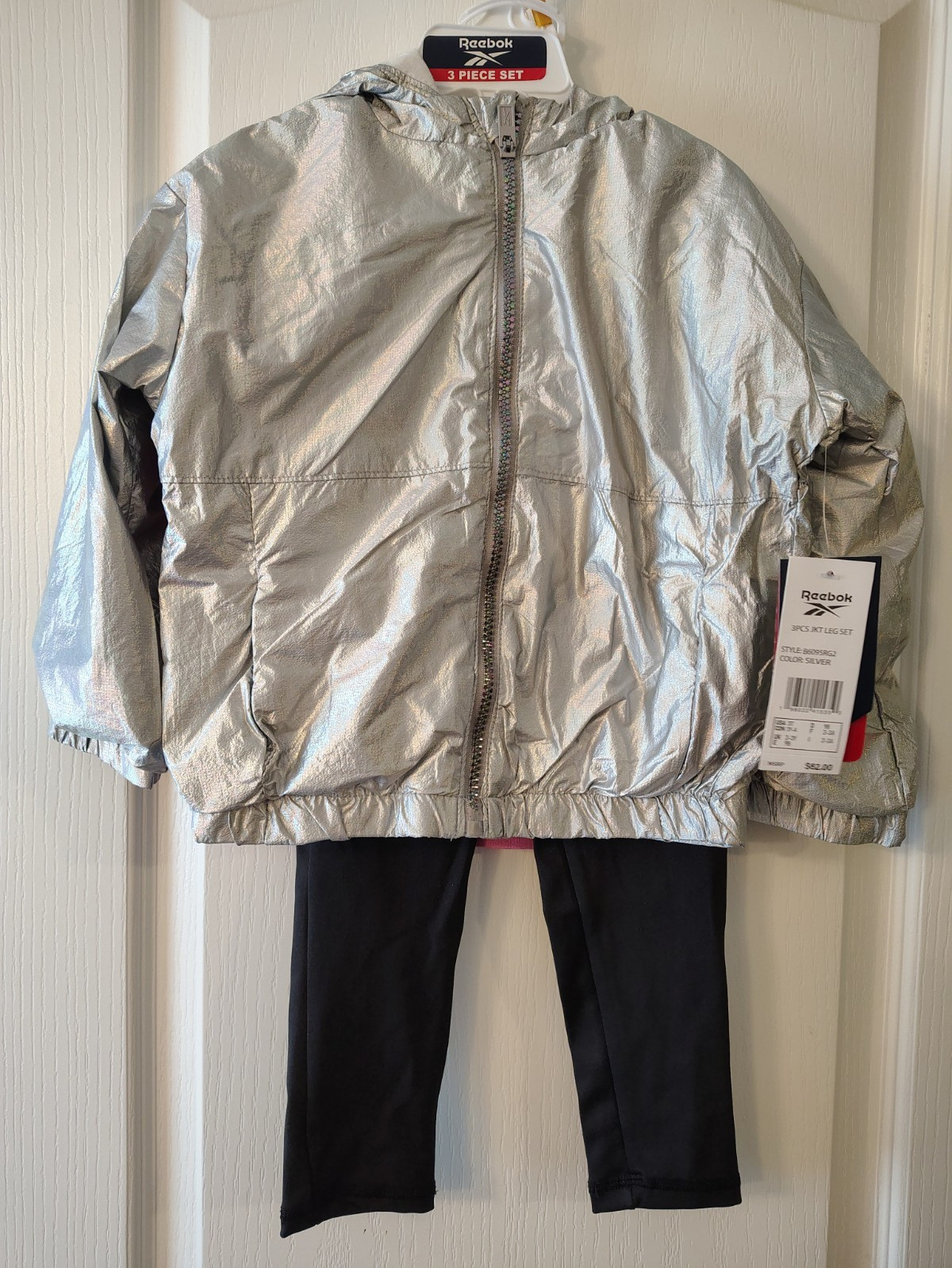 Reebok Girls 3T 3-Piece Outfit Set Jacket Tee Leggings Hooded Zip Silver