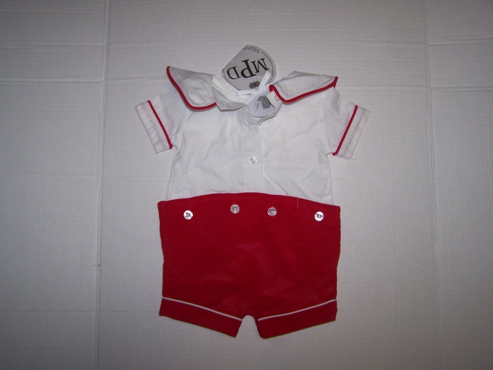 NWT Mud Pie Boy Shortall Outfit Size 0-3M Red/White Corduroy Monogram Me Holiday