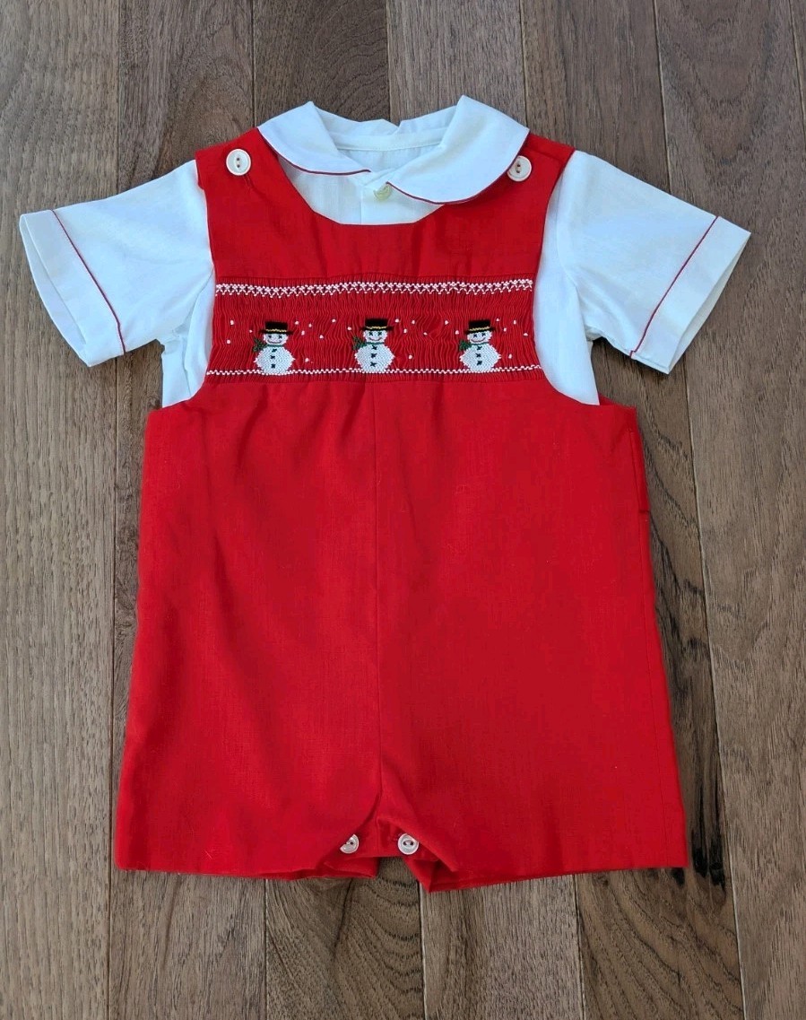 NEW Vintage Smocked Shortall Romper 2 Pc Red Snowman NWOT NOS Handmade Outfit 2T