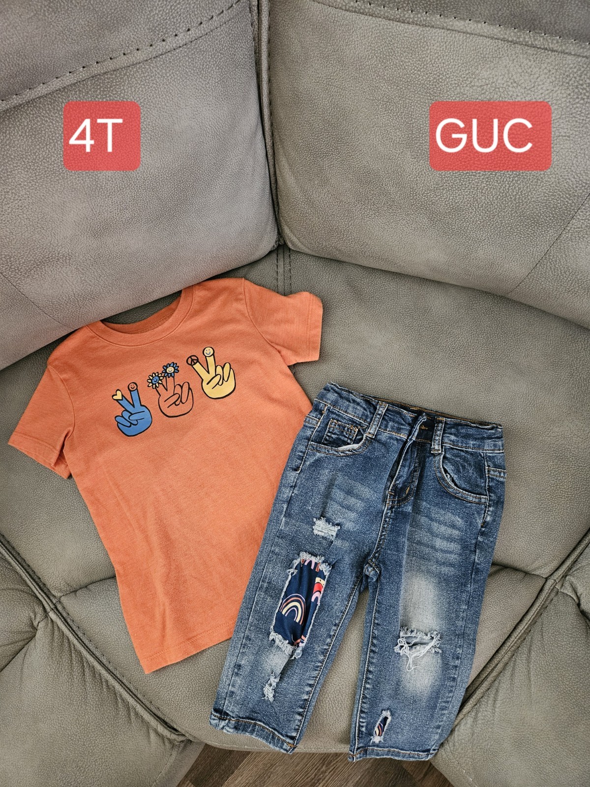 2pc Toddler 4T Graphic Print Short Sleeve T-Shirt & Denim Jeans Set Orange/Blue