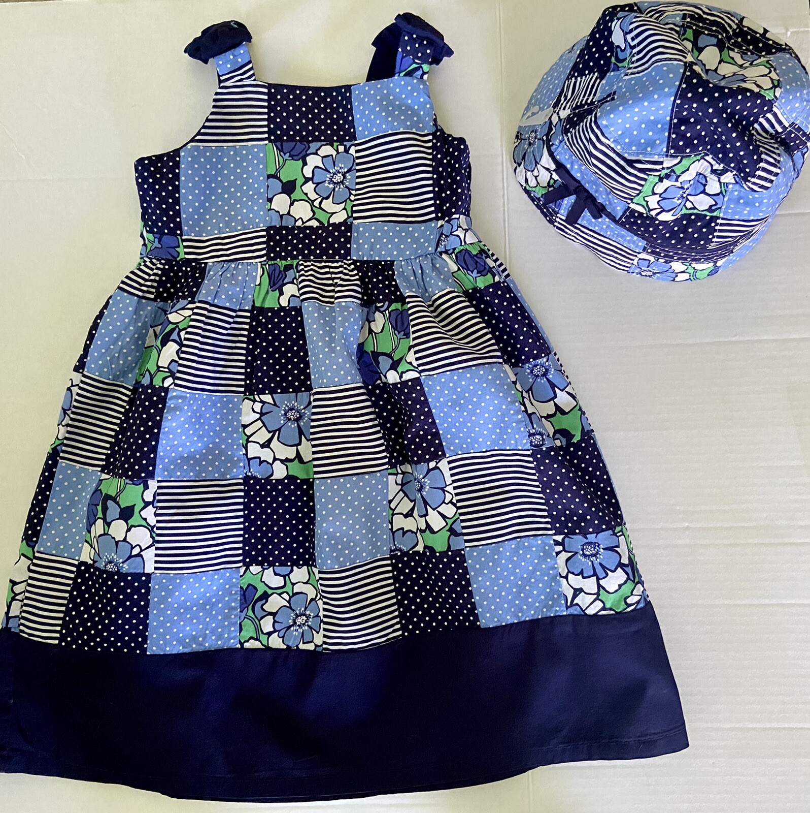NWT Girls 4T Gymboree “SPRING PREP” Cotton Blue/Green SUNDRESS Jumper & HAT SET