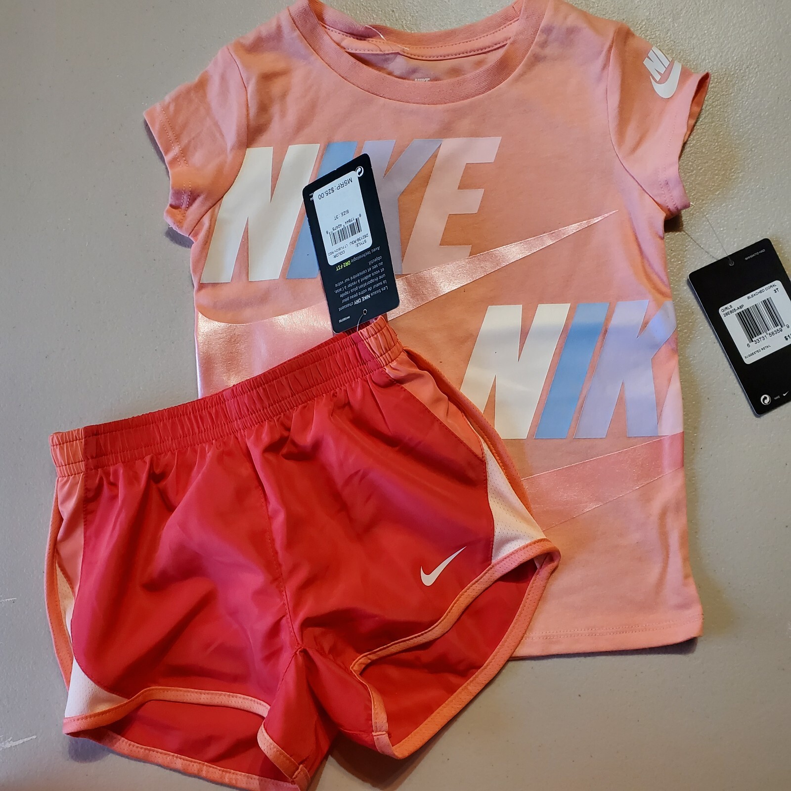 Nike Girls 3T Dri-fit Lined Running Shorts w/ Short Sleeve Top Orange Brand NEW