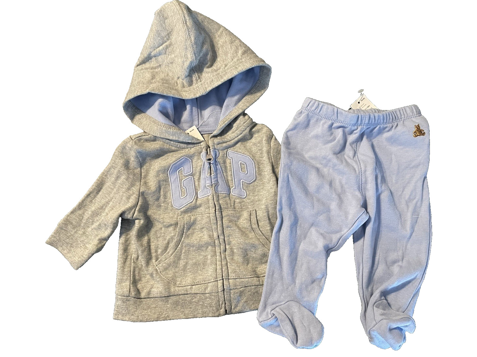baby Gap NWT Boy Girl 0 3 Mo Outfit Gray Logo ZHoodie w/ Light Blue Footed Pants