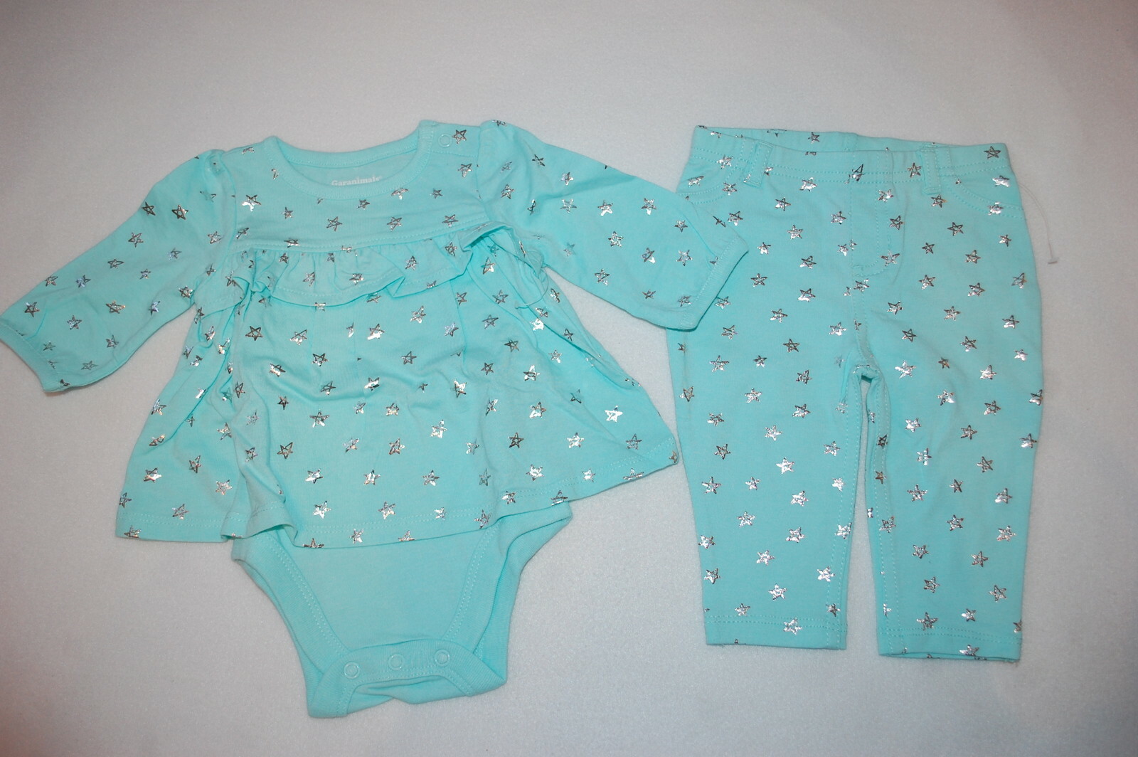 Baby Girls MINT w/ SILVER STARS Ruffled L/S Babydoll Shirt & Jeggings 6-9 MO