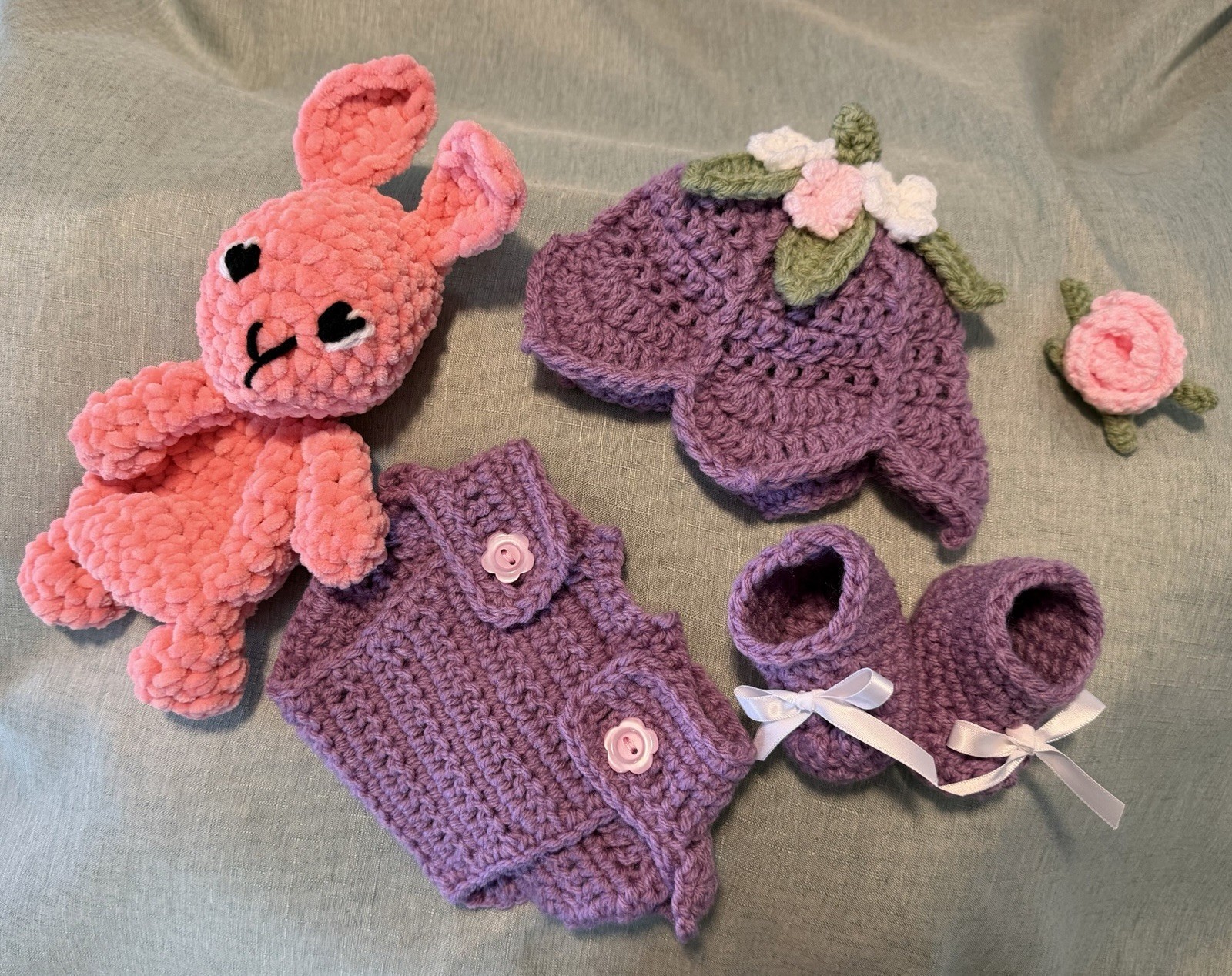 Handmade Crochet pink bunny snuggler with newborn fairy diaper cover outfit set