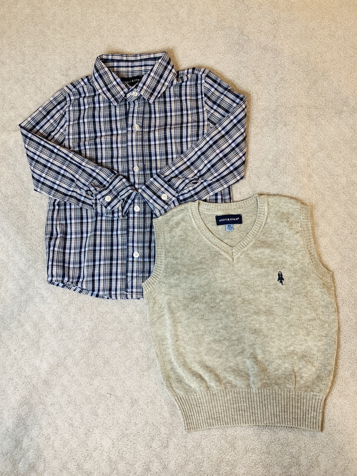 Boys 3t 3 piece set. Navy Blue Plaid Long Sleeve, Adjustable Waist Pants W/ Vest