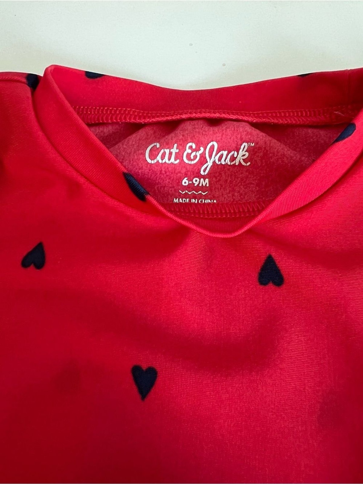 Cat & Jack Red Heart Rash Guard Swim Set with Teal Striped Skirted Bottom 6-9 Mo