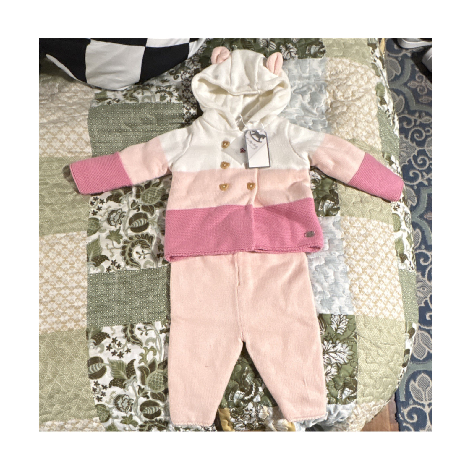 Rock a Bye Baby Boutique 2pc Hooded Knit Hoodie & Pants Pink/White 6-12M
