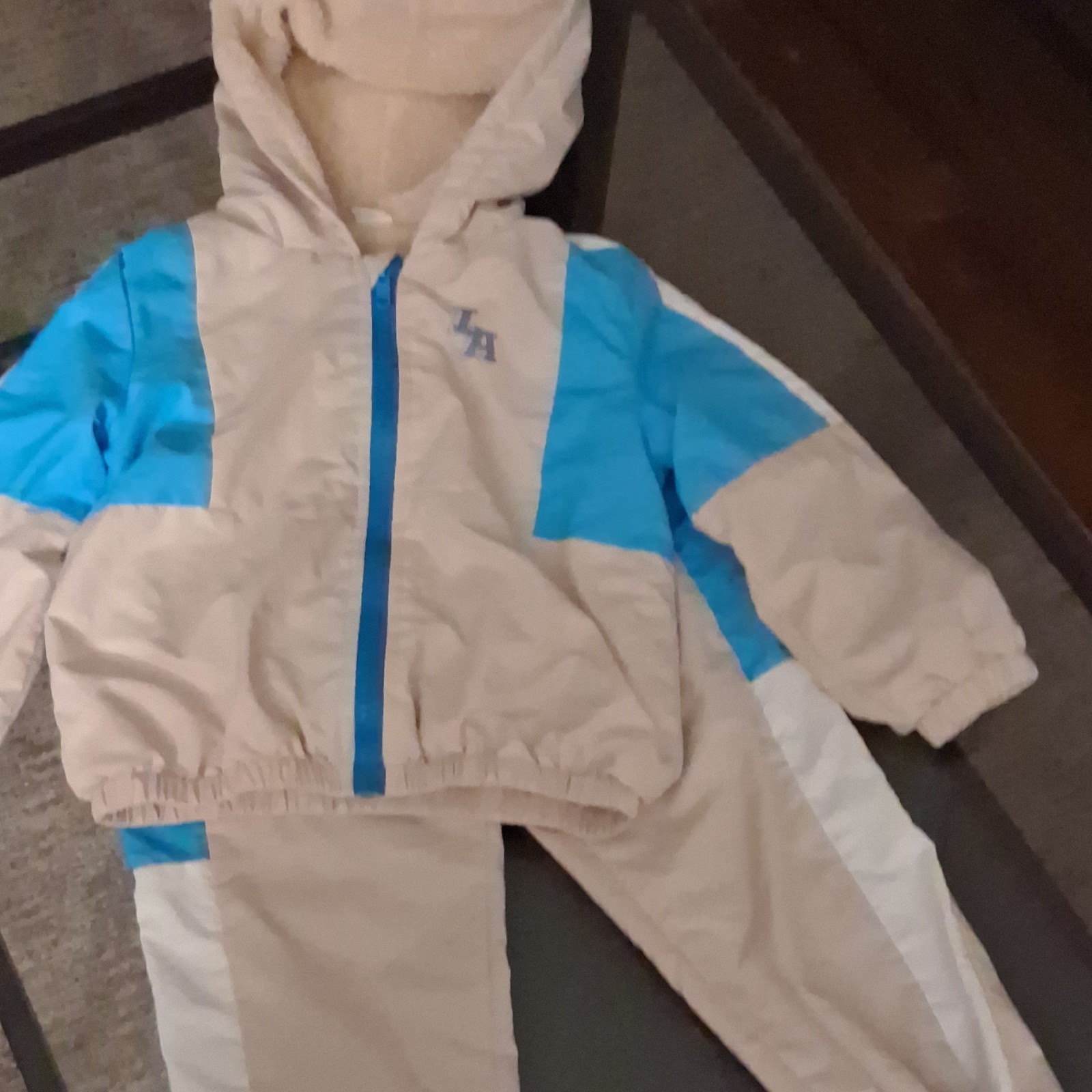 SheIn Beige/Blue/White Colorblock Hooded Zip Jacket + Pants 2-Piece Set 4T