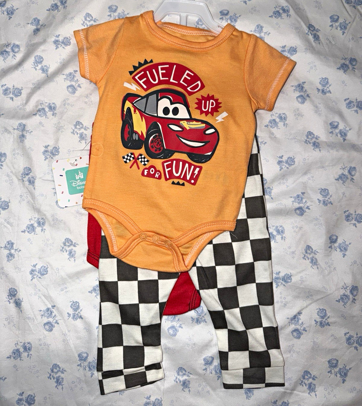 Disney Baby Cars Lightning McQueen Mater 3pc Bodysuit & Check Pants Set 3-6M