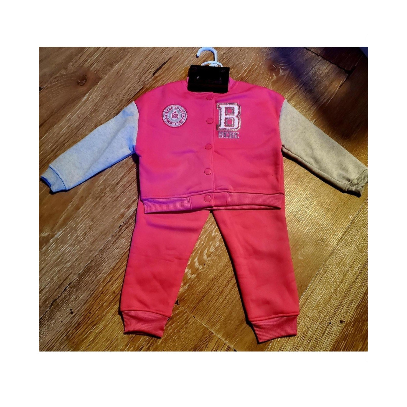 Bebe Littlr Girls Varsity 2 Piece Outfit Set Pink & Gray Jacket Pants 3T