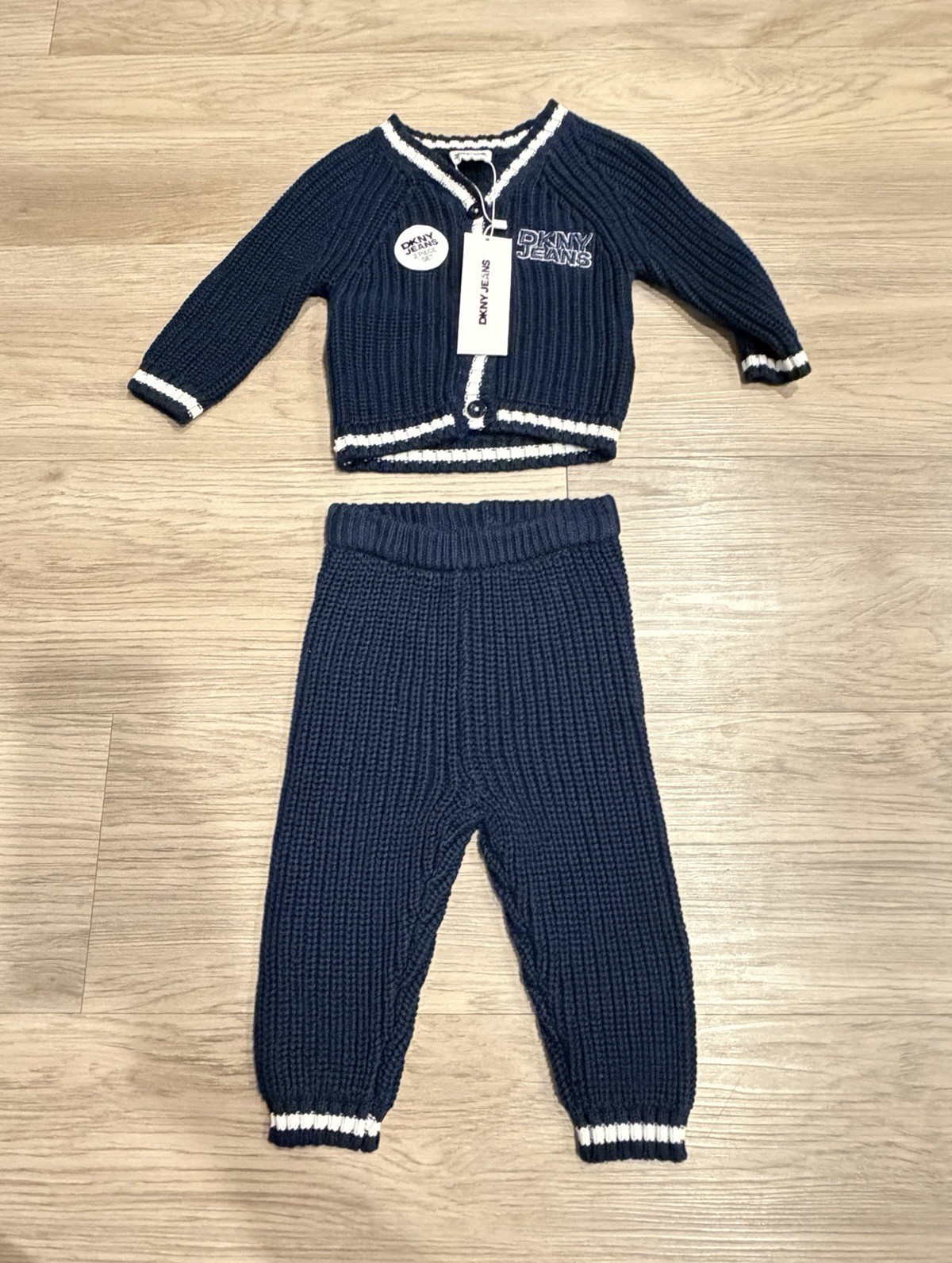 DKNY Jeans 2-Piece Knit Sweater & Pants Set Navy/White 6-9M Button Logo